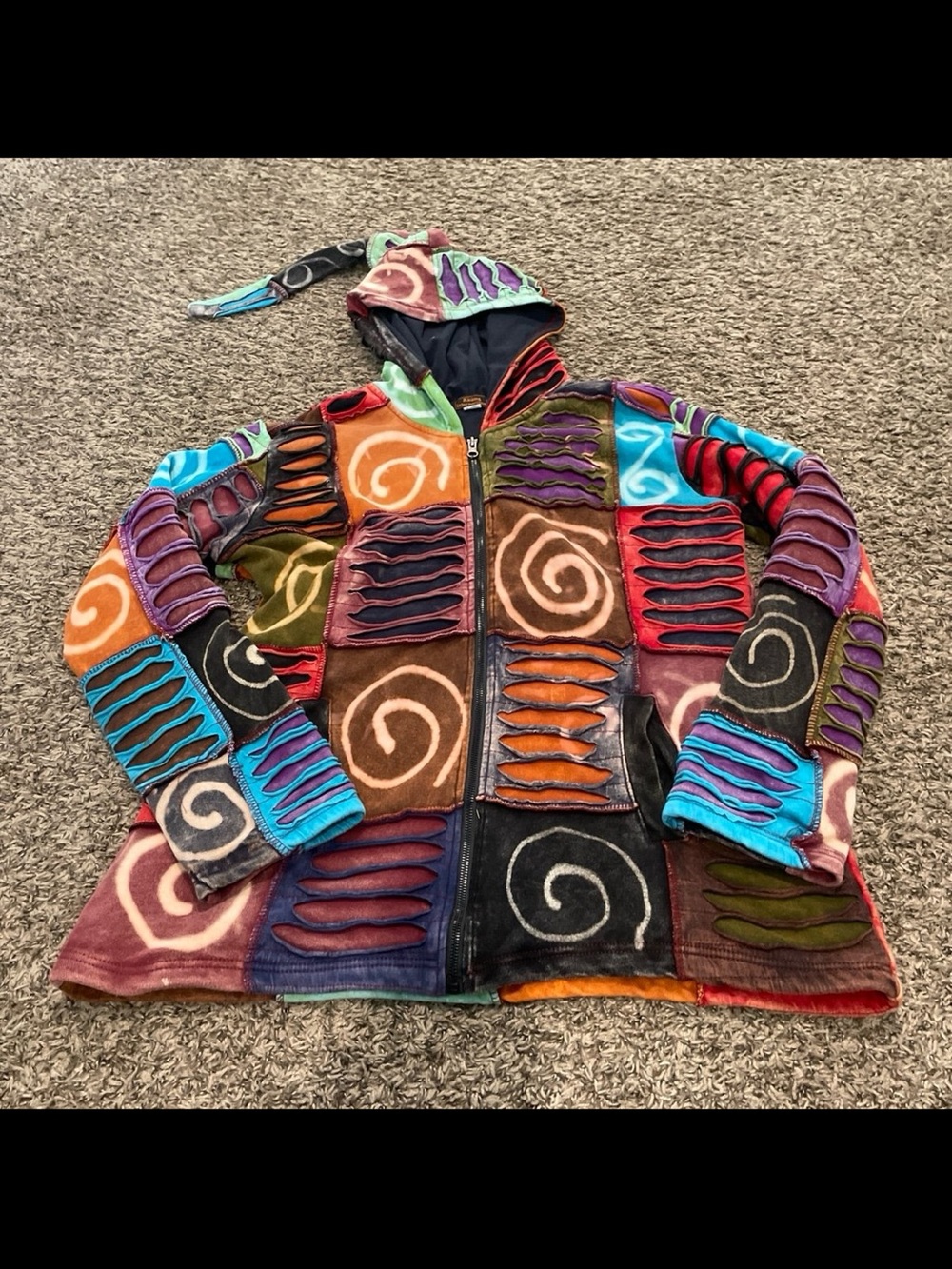 rising international BoHo patchwork multicolor fleece lined full zip hoodie XL